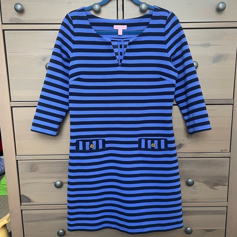 Lilly Pulitzer Charlene Shift Dress Purple/Black Stripe Size M